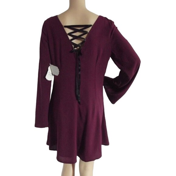 Altar'd State Dress Womens Size Medium Burgundy V-Neck lace up long bell sleeves - Picture 2 of 12